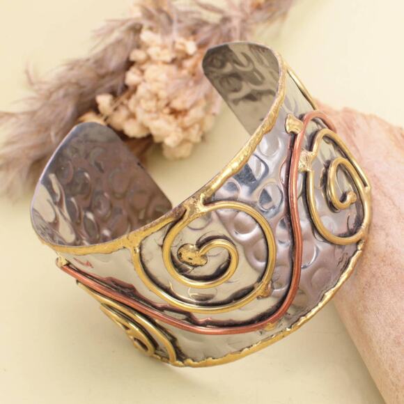 Mixed Metal Wire Spirals Silver Hammered Cuff Bracelet - Picture 4 of 5